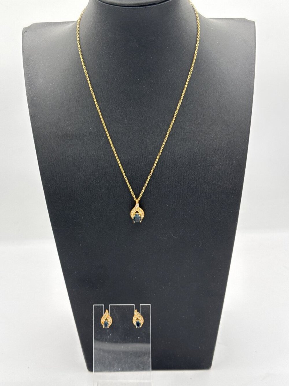 Vintage Roman Gold Faux Blue Sapphire Rhinestone Flame Necklace & Earrings Set